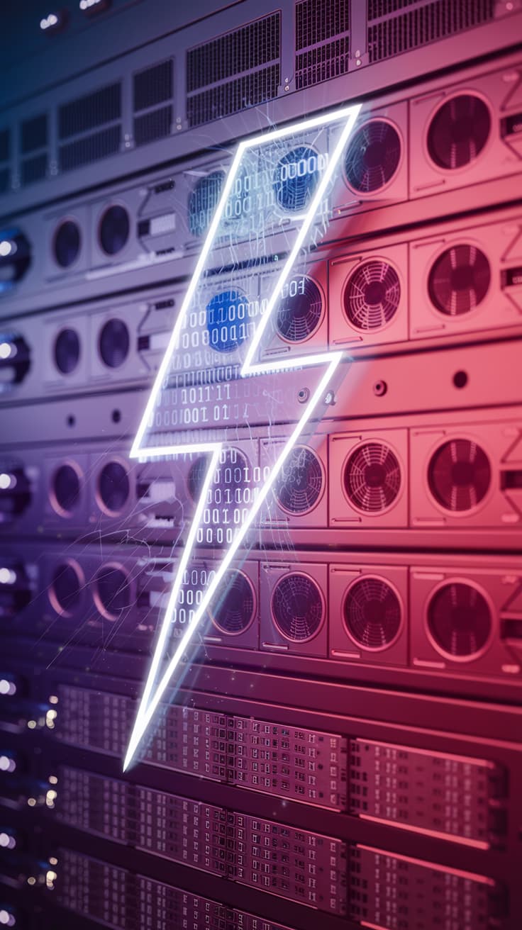 A server rack with a lighning bolt symbol